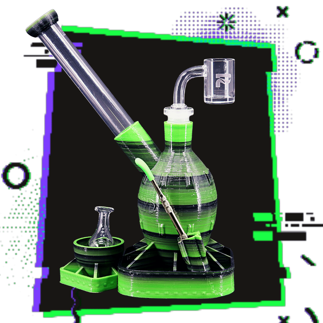 A-Bomb shatterproof dab rig with quality quartz banger nail pictured in green and black