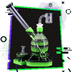 A-Bomb shatterproof dab rig with quality quartz banger nail pictured in green and black