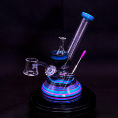Blue and purple unbreakable shatterproof Dab Rig with quartz banger, dab tool and glass carb cap