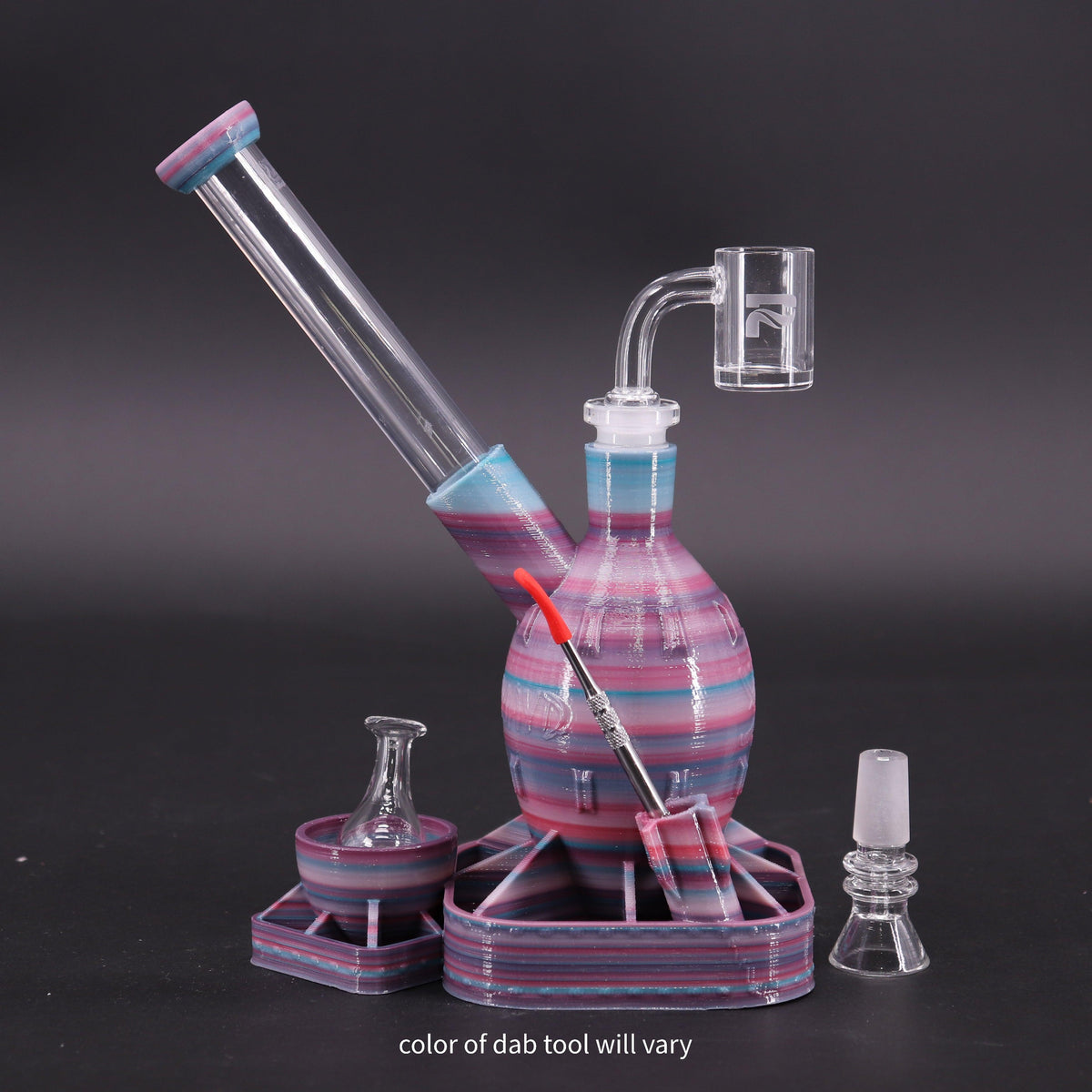 A-Bomb shatterproof dab rig with quality quartz banger nail pictured in purple and blue