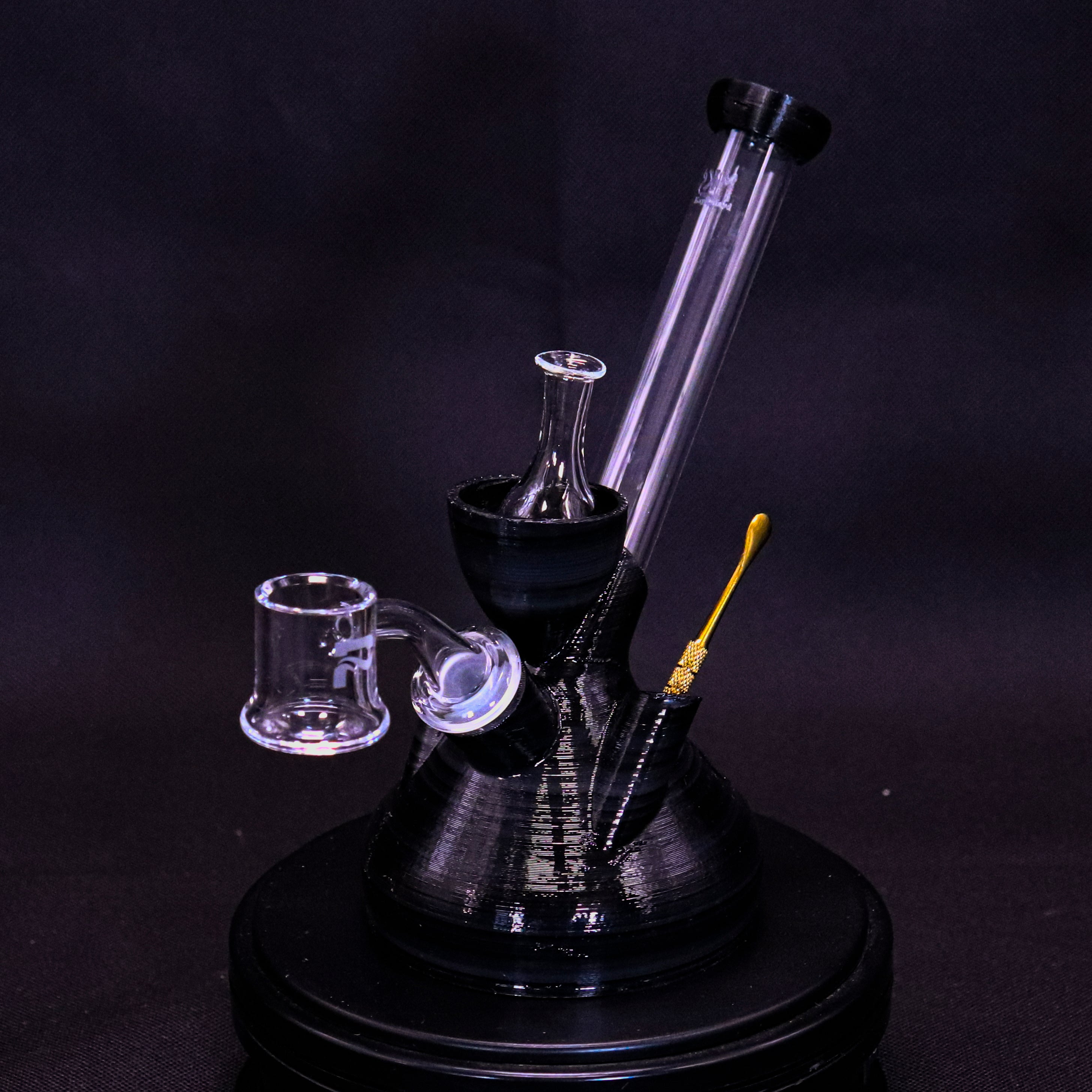 Black unbreakable shatterproof Dab Rig with quartz banger, dab tool and glass carb cap