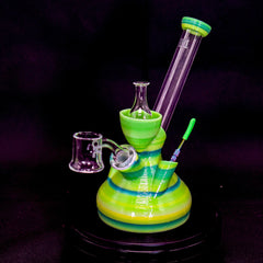 green and yellow unbreakable shatterproof Dab Rig with quartz banger, dab tool and glass carb cap
