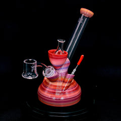 red unbreakable shatterproof Dab Rig with quartz banger, dab tool and glass carb cap