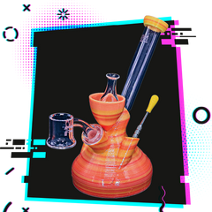 Orange Red and Yellow Shatterproof Dab Rig with quartz banger, dab tool and glass carb cap